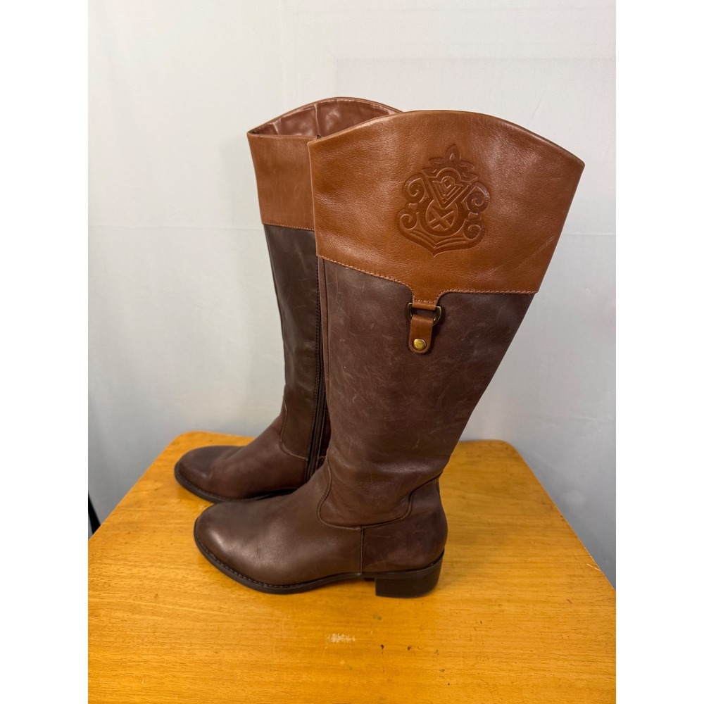Franco Sarto L-Clarity Riding‎ Boots Womens 8.5 Brown Tan Two Tone Leather Tall